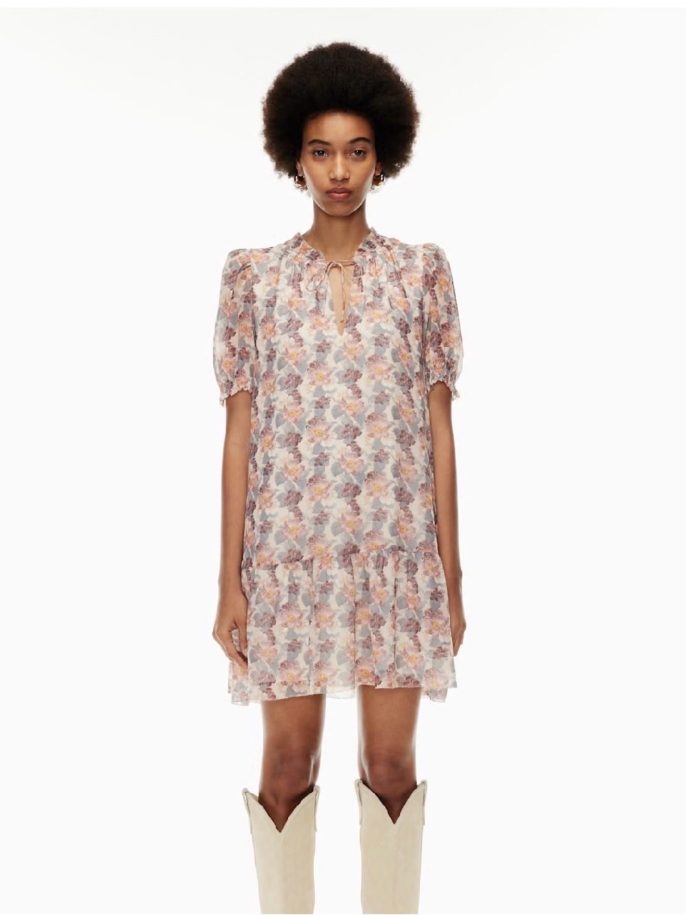 Wilfred Walden Pink Multi Floral Tie-Neck Puff Sleeve‎ Mini Dress